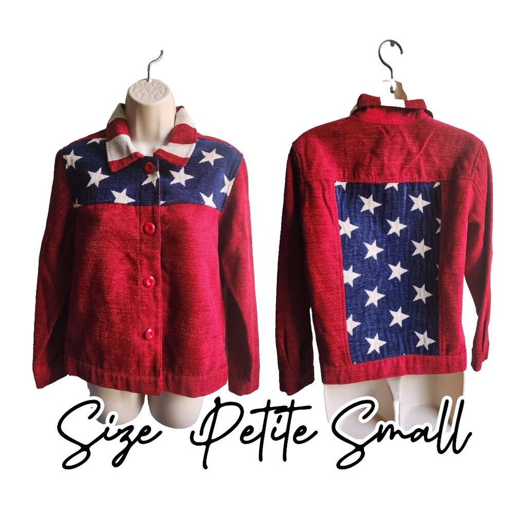 Womens Vintage American Flag Jacket Size S Petite Chenille Stars Stripes